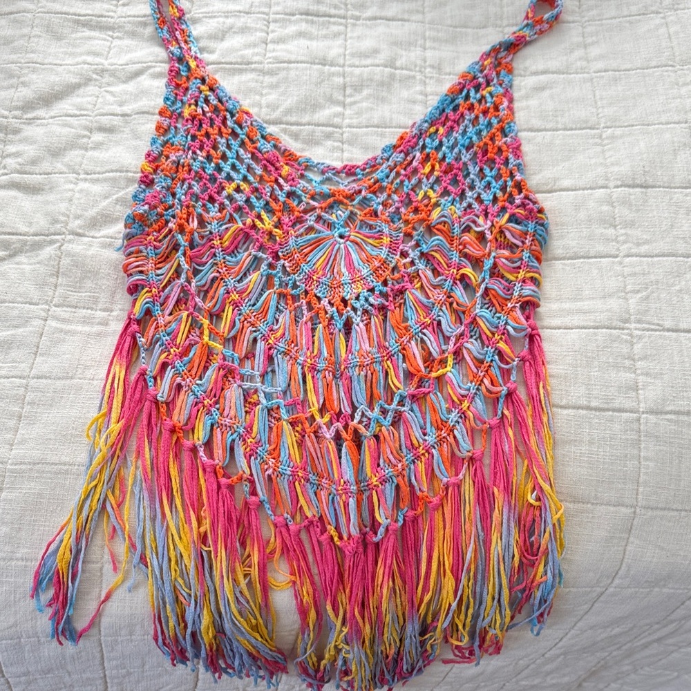 Colorful Hand-Knotted Fringe Crochet Tank Top